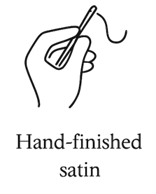 Hand-drawn illustration of a hand holding a whisk with 'Hand-finished satin' text on a white background